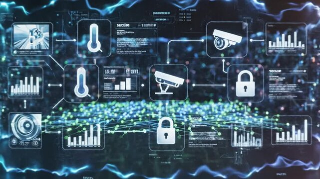 Smart Security Surveillance Camera Data Analysis with Temperature Sensor Digital Lock Futuristic Interface, Cyber Security Network Protection, Technology Innovation, Privacy Monitoring, Electronic