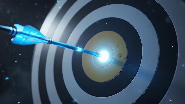 Arrow hits center of target bullseye. Target practice with perfect accuracy and precision