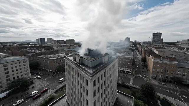 Aerial view of building rooftop emitting thick white smoke, urban landscape visible under cloudy sky, an emergency response scenario unfolds in city center