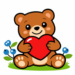 Fototapeta premium Lovely teddy bear holding a bright red heart with tiny blue flowers in a charming cartoon style. Sweet vector isolated on white for Valentine cards, nursery decor, gifts, and prints.