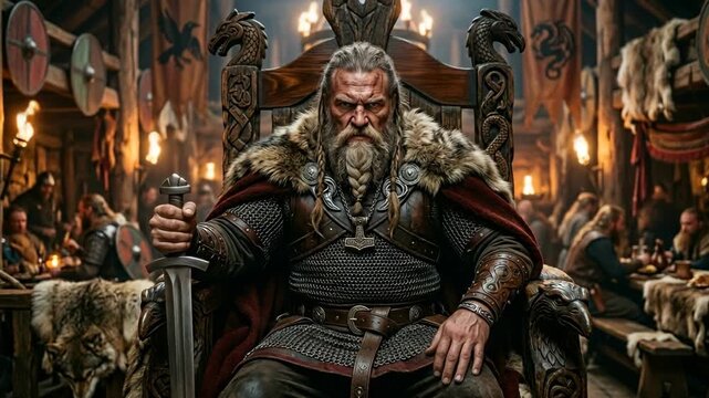 Fierce Viking Chieftain seated on ornate throne with sword, surrounded by clan in mead hall feast