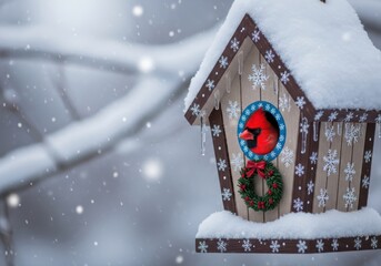 Naklejka premium Winter Birdhouse Scene - A Festive Cardinal in Snowy Weather.