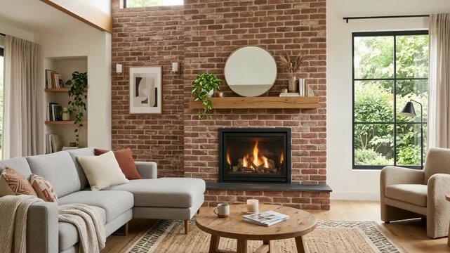 Cozy living room with brick fireplace, sectional sofa, wood coffee table and large window view.