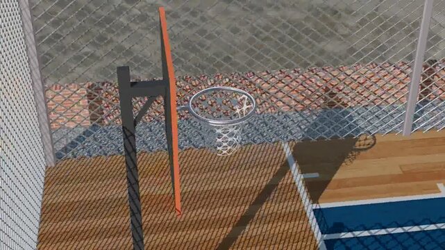 Realistic 3D animation with a 360&deg; view around a basketball court in an urban center.