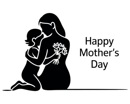A mother and child embracing on Mother's Day with a bouquet of flowers