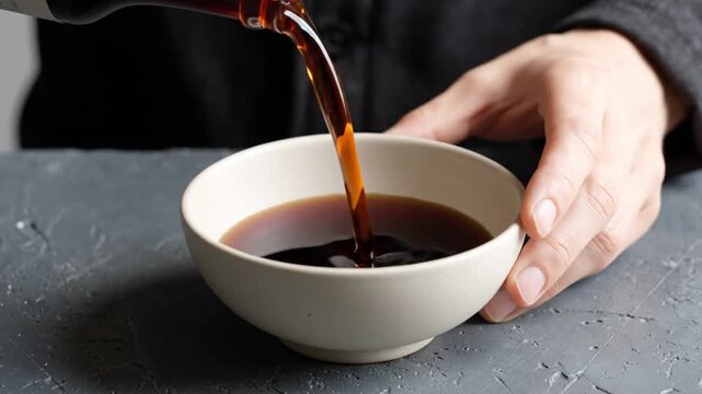 Person pouring soy sauce into bowl.