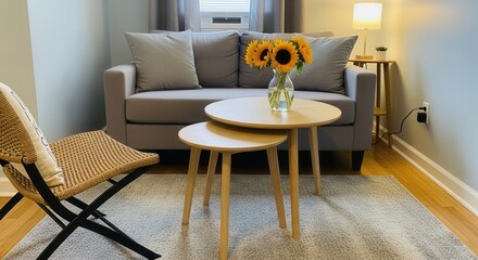 Fototapeta premium Charming Living Room Scene With Sunflowers And Modern Furniture