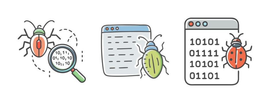 Coding bugs and debugging concepts with magnifying glass and binary code illustrations.