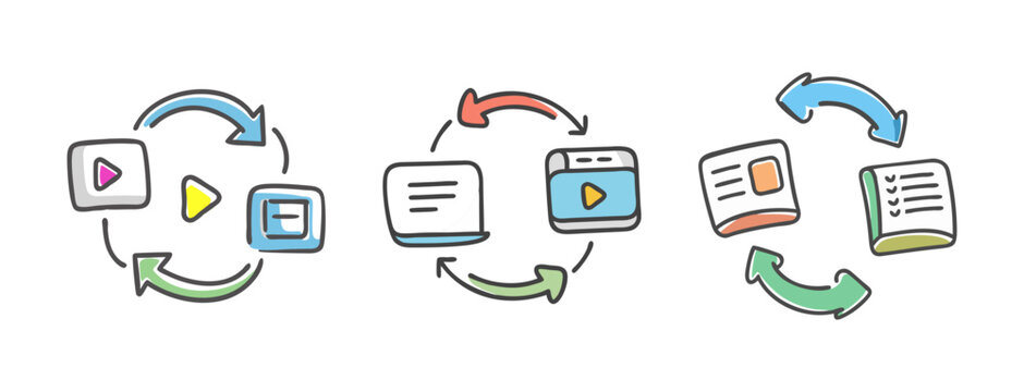 Doodle icons depicting content syndication and information flow with arrows.