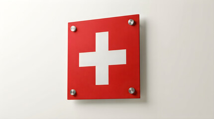 Obraz premium Red cross sign on white wall with metal screws