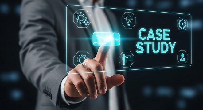 Businessman interacting with virtual case study interface with glowing blue suit
