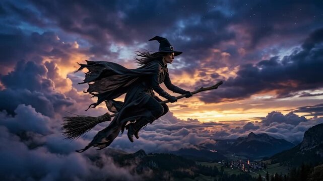 Mysterious witch flying on broomstick over mountains at sunset with dramatic clouds