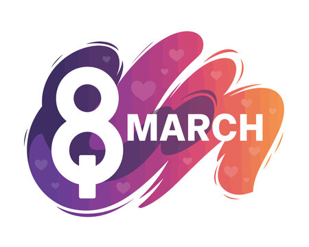 A colorful graphic design celebrating International Women's Day on March 8th with a vibrant purple, pink, and orange background and white text.