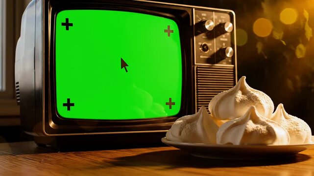 Vintage television with green screen and mouse cursor next to a plate of white meringues on a wooden table.