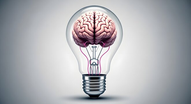 Innovative idea light bulb with brain inside for creative thinking and problem solving