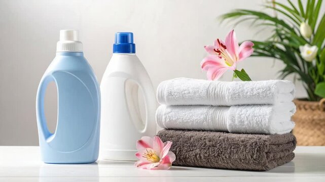 Fresh laundry essentials with soft towels, detergent, and flowers