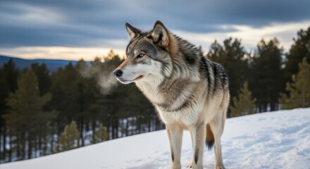 Fototapeta premium Wolf in Winter - A Focused Gaze in the Snowy Wilderness.