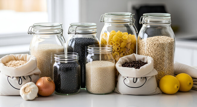 Healthy pantry staples dry goods in glass jars and reusable bags for sustainable living and zero waste kitchen