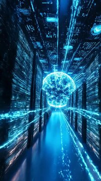 Abstract Digital Tunnel with Glowing Blue Data Streams and Futuristic Server Racks