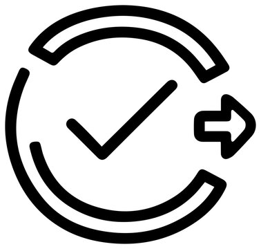 Minimalist line icon depicting a truth in lending tila symbol with a checkmark and arrow in a circular motion on a white background