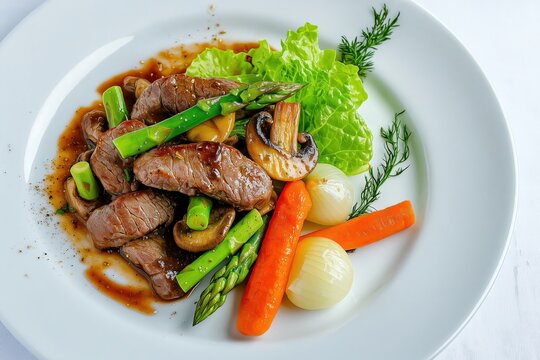 Delicious beef steak serving with grilled asparagus, assorted mushrooms, carrots, small onions, and lettuce for a gourmet meal