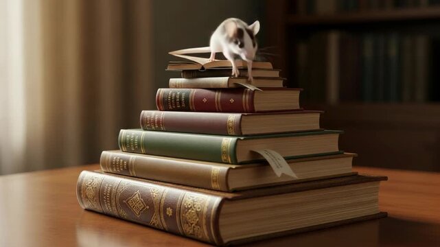 Small mouse climbs a pyramid of antique books in a library setting