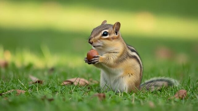 Close-up of a chipmunk holding and eating a nut in the grass