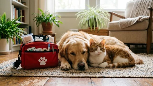 Golden Retriever dog and tabby cat resting near a pet first aid kit indoors.