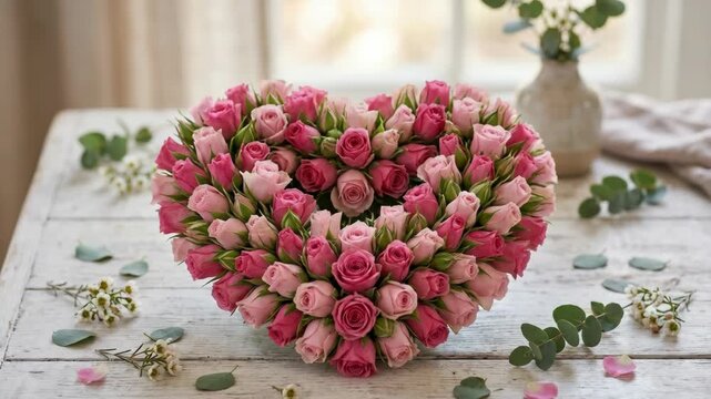 Heart shaped bouquet of pink and crimson roses with eucalyptus leaves and small white flowers