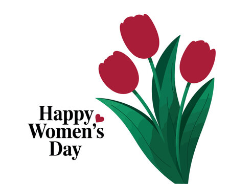 A graphic illustration of red tulips with the text Happy Women's Day on a white background