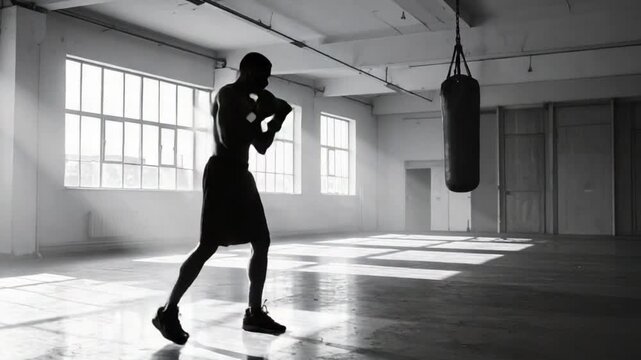 African American boxer training in a gritty gym with punching bag