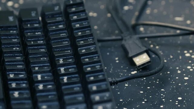 Hand repairing and cleaning a mechanical keyboard by replacing a keycap on a tech workbench