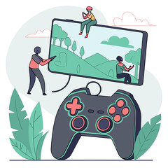 A video game controller with people playing on a large screen © Monir