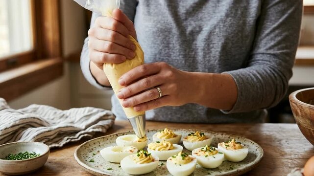 Close up of hands using a piping bag to decorate deviled eggs with yellow filling and chives