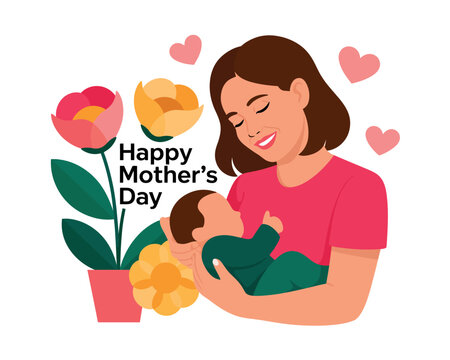 A loving mother holding her baby with flowers and hearts on Mother's Day