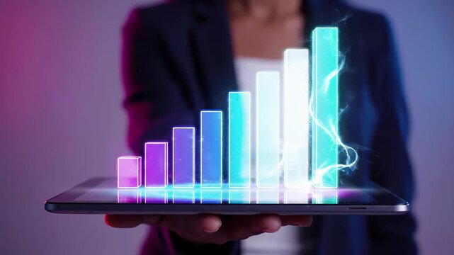 Glowing bar chart rising from tablet screen held. Digital business analytics and financial growth statistics visualization. Corporate data dashboard and investment performance kpi report technology