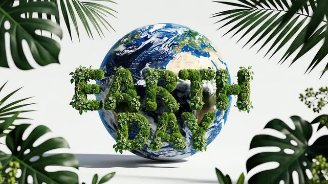 Vibrant 3d earth with green foliage 'earth day' text, framed by tropical leaves on a clean white background.