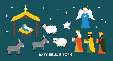 Fototapeta premium Nativity Scene with Baby Jesus, Mary, Joseph, Three Kings, Angel, and Animals in Christmas Illustration