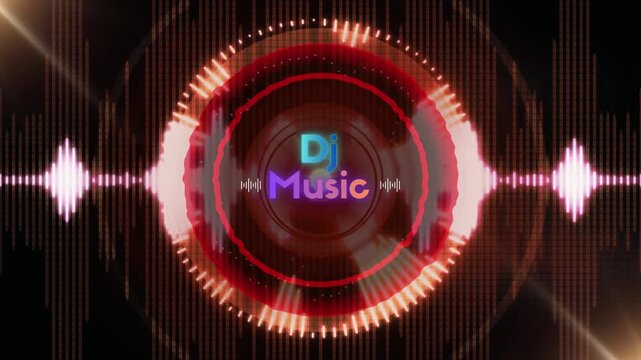 Glowing red soundwaves and light streaks create an energetic DJ music visualizer.
