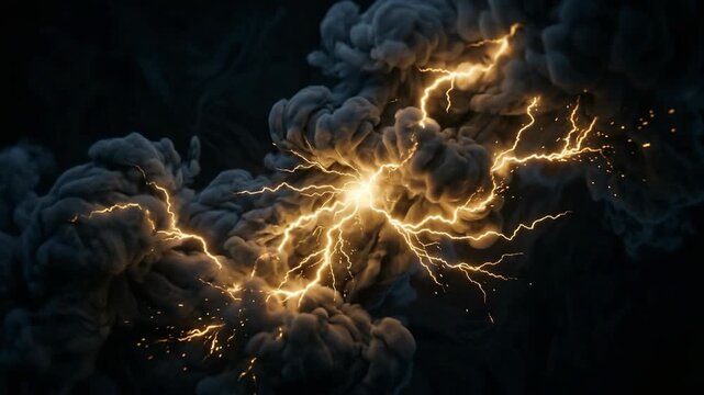 Intense yellow lightning strikes through dark, swirling storm clouds