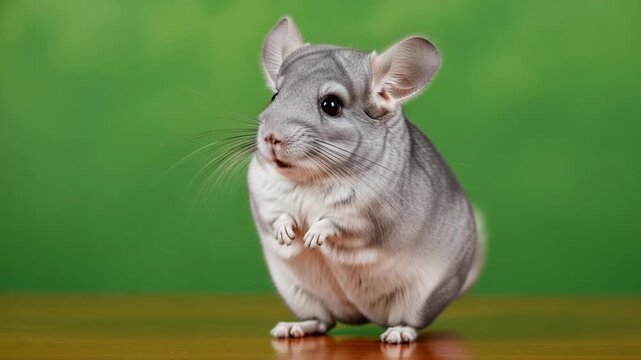 Adorable grey chinchilla with big ears and whiskers on a wooden surface