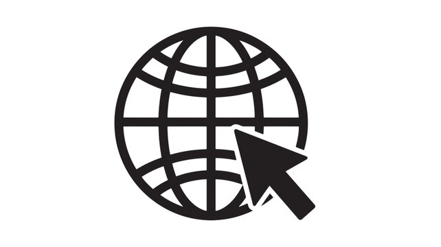 Globe and cursor icon with black lines representing the world and internet navigation. featuring pointer, symbol, web with online and connection
