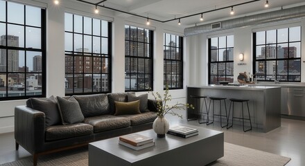 Fototapeta premium Chic Urban Loft Apartment Interior With Cityscape Views And Modern Furnishings