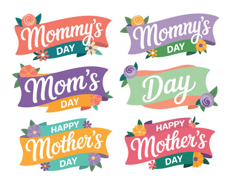 A colorful collection of Mother's Day stickers and labels on a white background