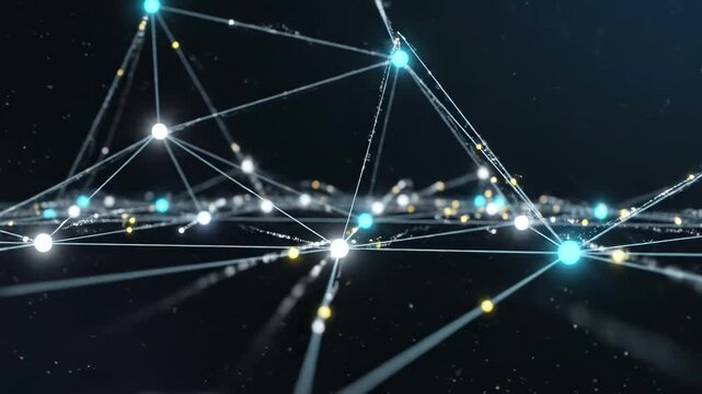 Abstract digital network with glowing nodes and connecting lines focuses on network as axis, repeated as ai network, neural network, and digital network for artificial intelligence