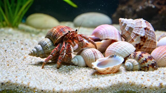 Hermit crab and seashells on sandy bottom in aquarium highlight hermit as axis, repeated as hermit crab, hermit animal, and hermit marine for marine biology, aquarium education