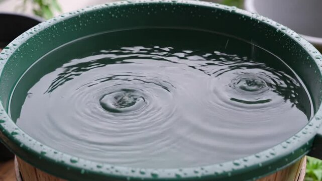 A rain barrel collecting fresh rainwater, with concentric ripples forming on the water&rsquo;s surface