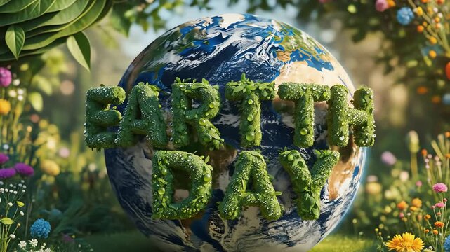 Lush green 'earth day' text, digitally rendered, stands before a vibrant earth globe in a soft natural garden.