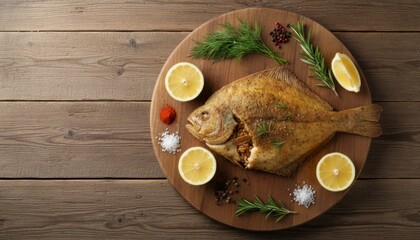 Whole baked flounder with lemon rosemary and spices on wooden board for seafood background and rustic dinner presentation © Soba