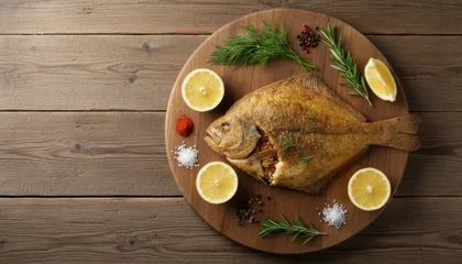Whole baked flounder with lemon rosemary and spices on wooden board for seafood background and rustic dinner presentation © Soba